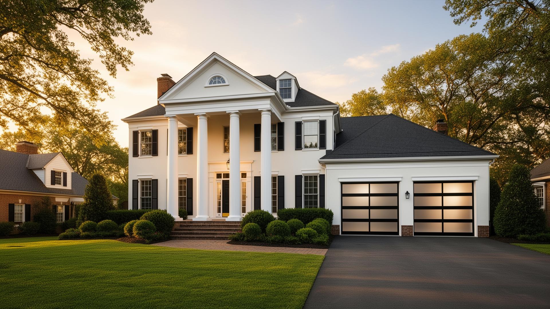 Beautiful Georgian mansion with modern glass and aluminum garage doors in Paisley, Florida